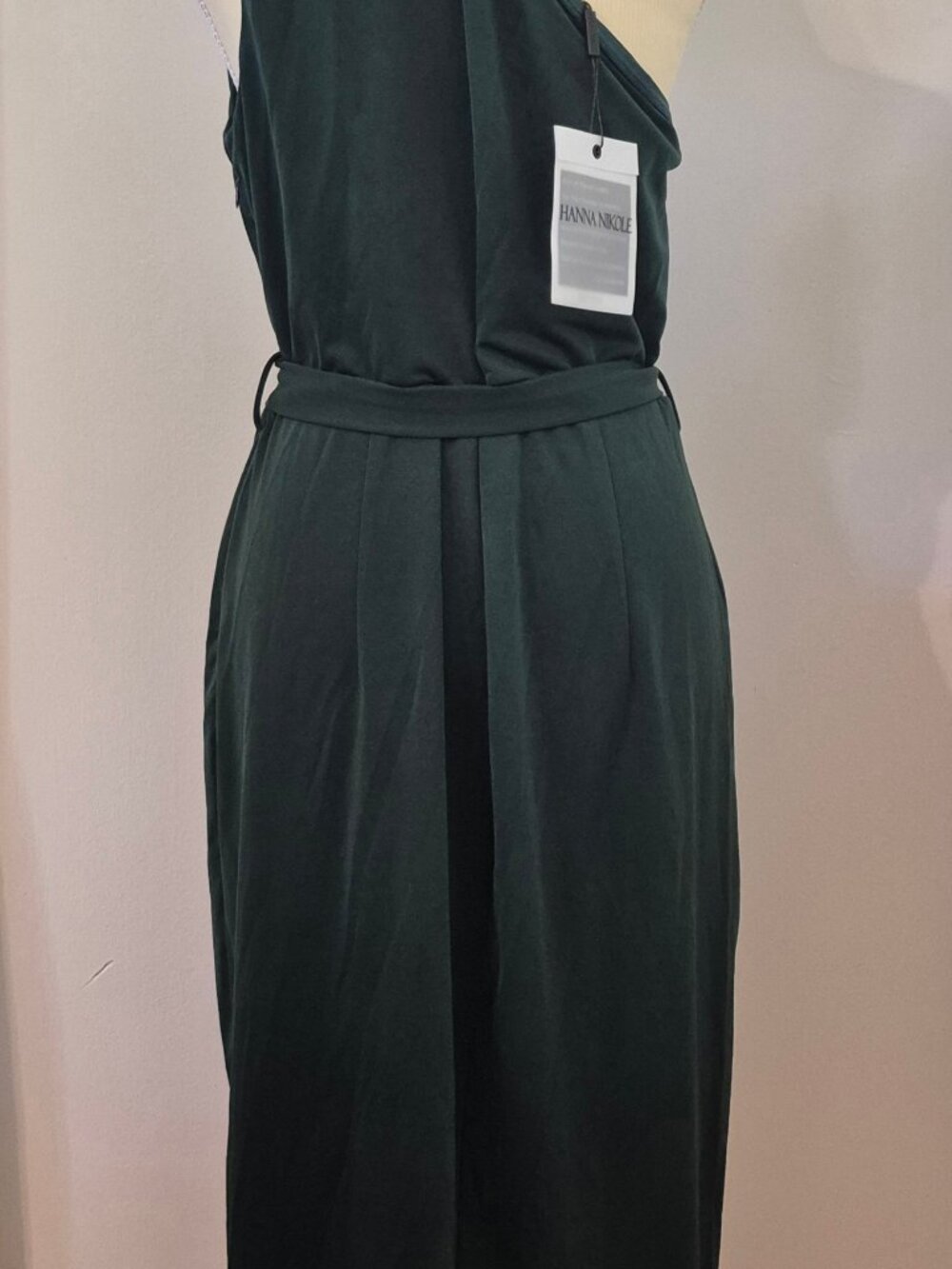 One‎ Shoulder Midi Dress Dark Green Asymmetrical Wrap Hem Tie Waist 14 Old Money - Picture 3 of 10